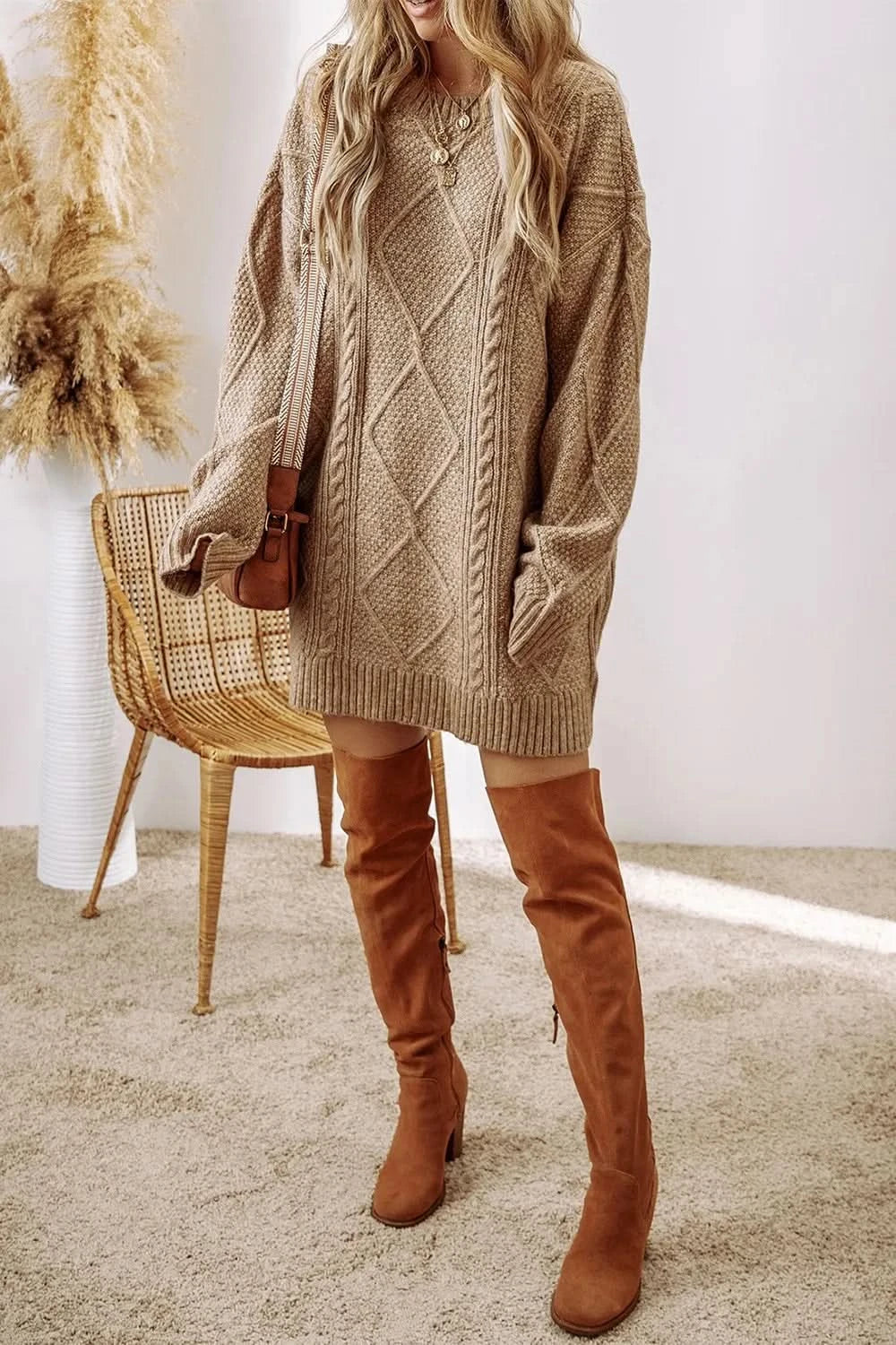 Cable-Knit Round Neck Sweater Dress in - photo