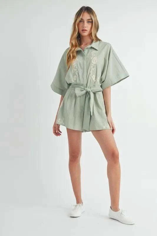 MABLE Embroidered Button Down Collared Neck Romper in - photo