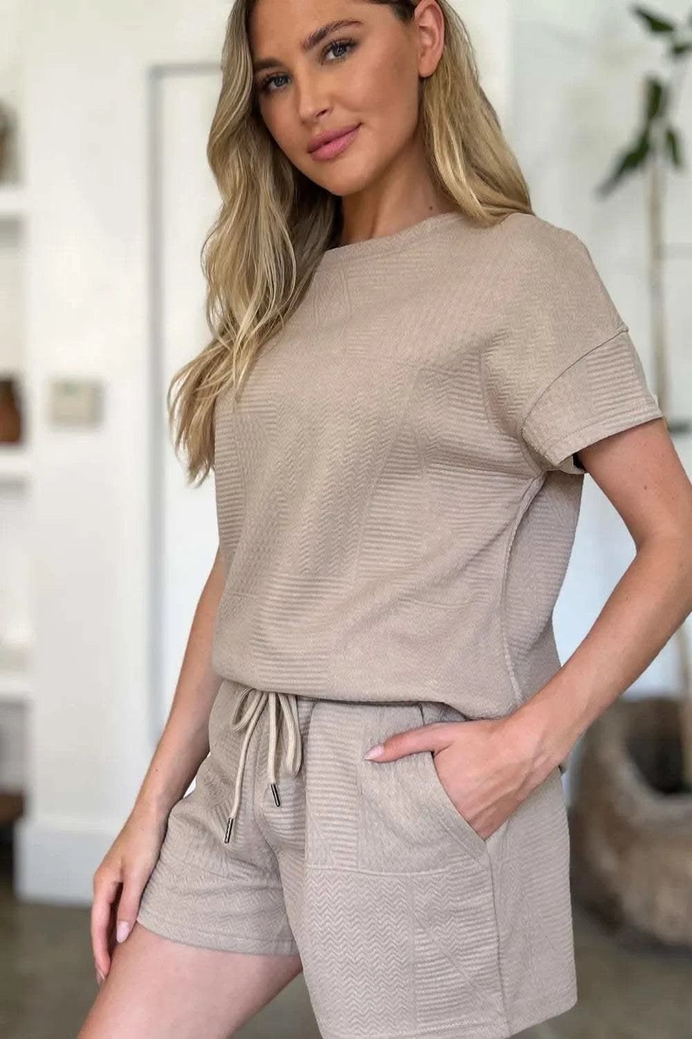 Double Take Full Size Texture Short Sleeve Top and Shorts Set - SwagglyLife Home & Fashion