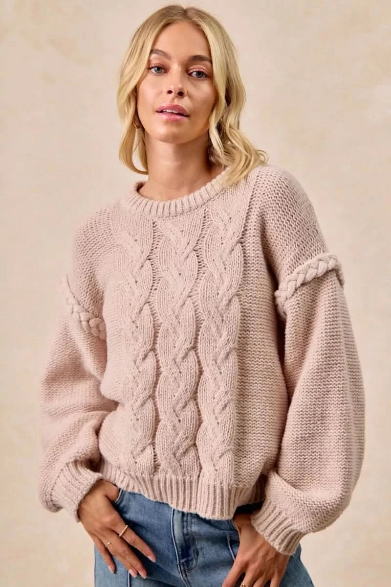 BiBi Cable Knit Sweater with Shoulder Braid Detail in - photo