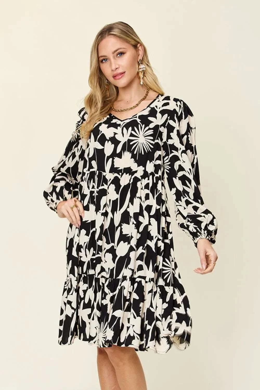 Double Take Full Size Printed Ruffle Hem Dress with Pocket in Black - photo
