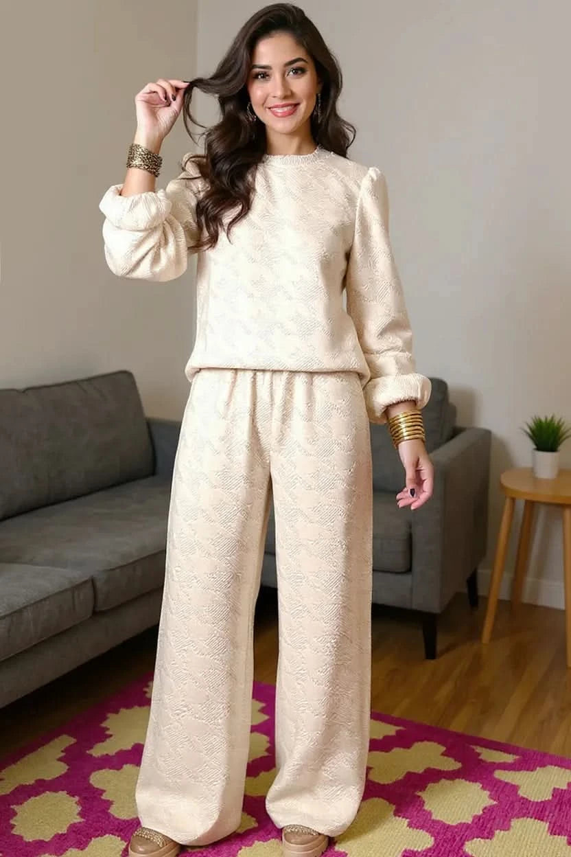 Double Take Texture Long Sleeve Top and Wide Leg Pants Set in Cream - photo