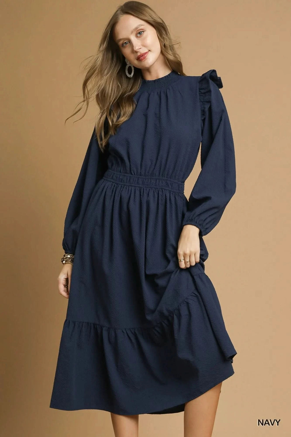 Umgee Textured Midi Dress with Ruffle Shoulder Detail in Navy - photo