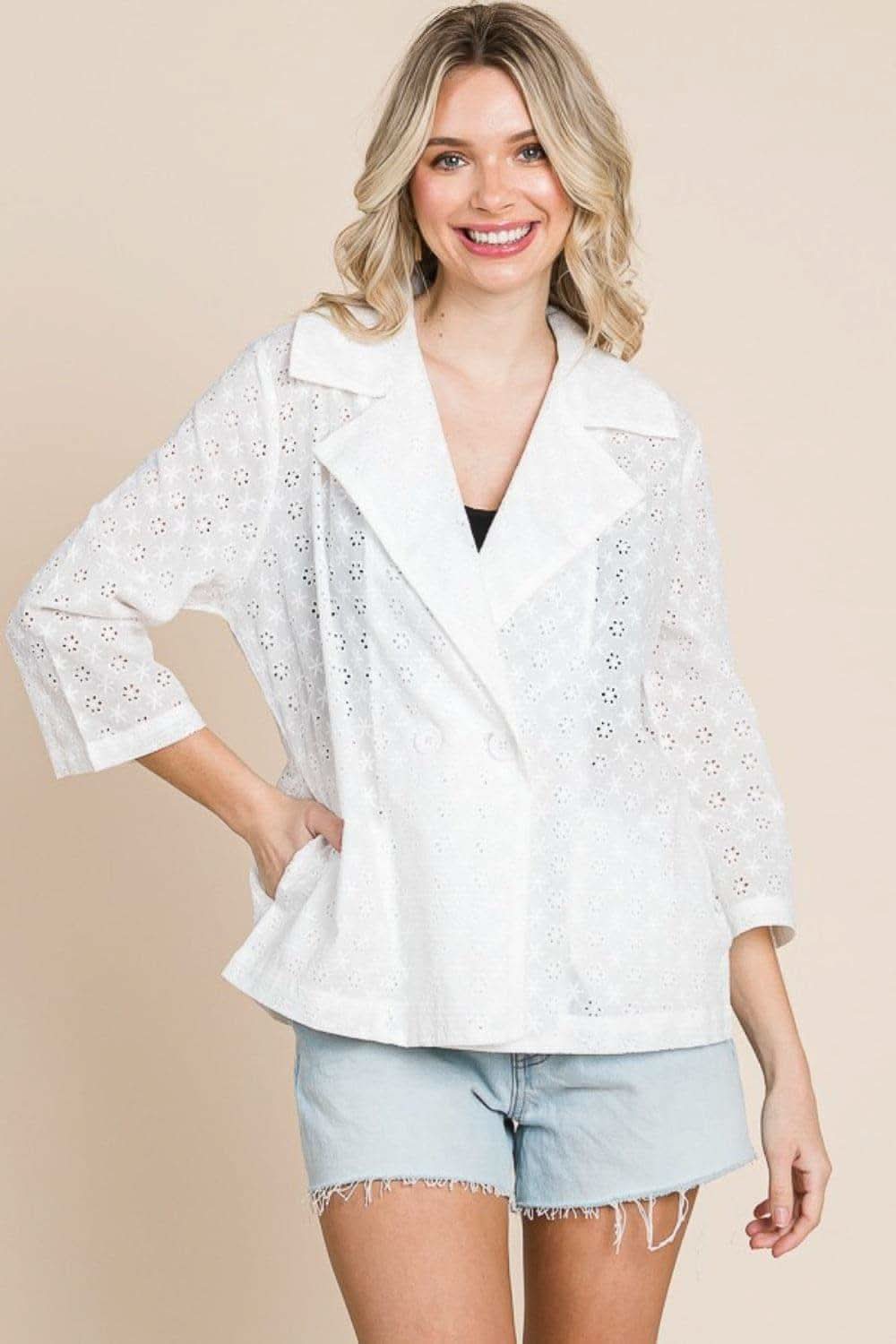 Culture Code Double Breasted Eyelet Jacket with Pockets in Soft White - Jackets photo