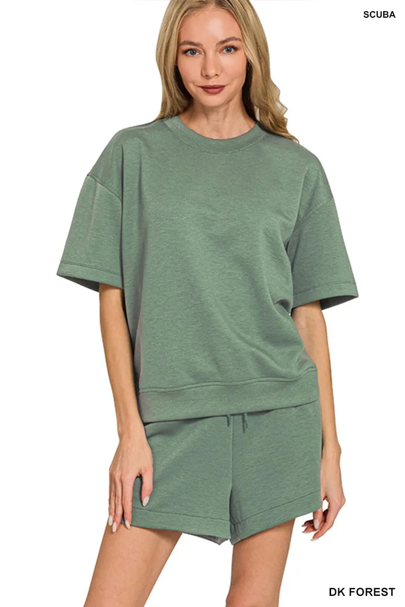 Zenana Scuba Short Sleeve Top & Shorts Set in DK FOREST - photo