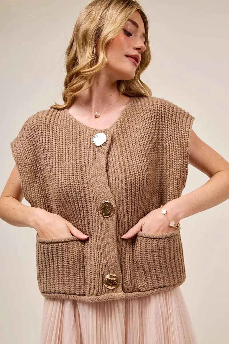 SO ME Big Metal Button Front Sweater Vest in COFFEE - photo