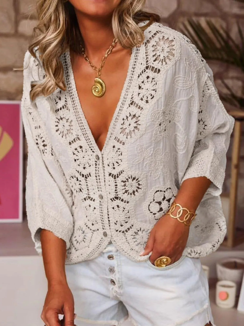 Crochet Lace V-Neck Blouse in White One Size - photo