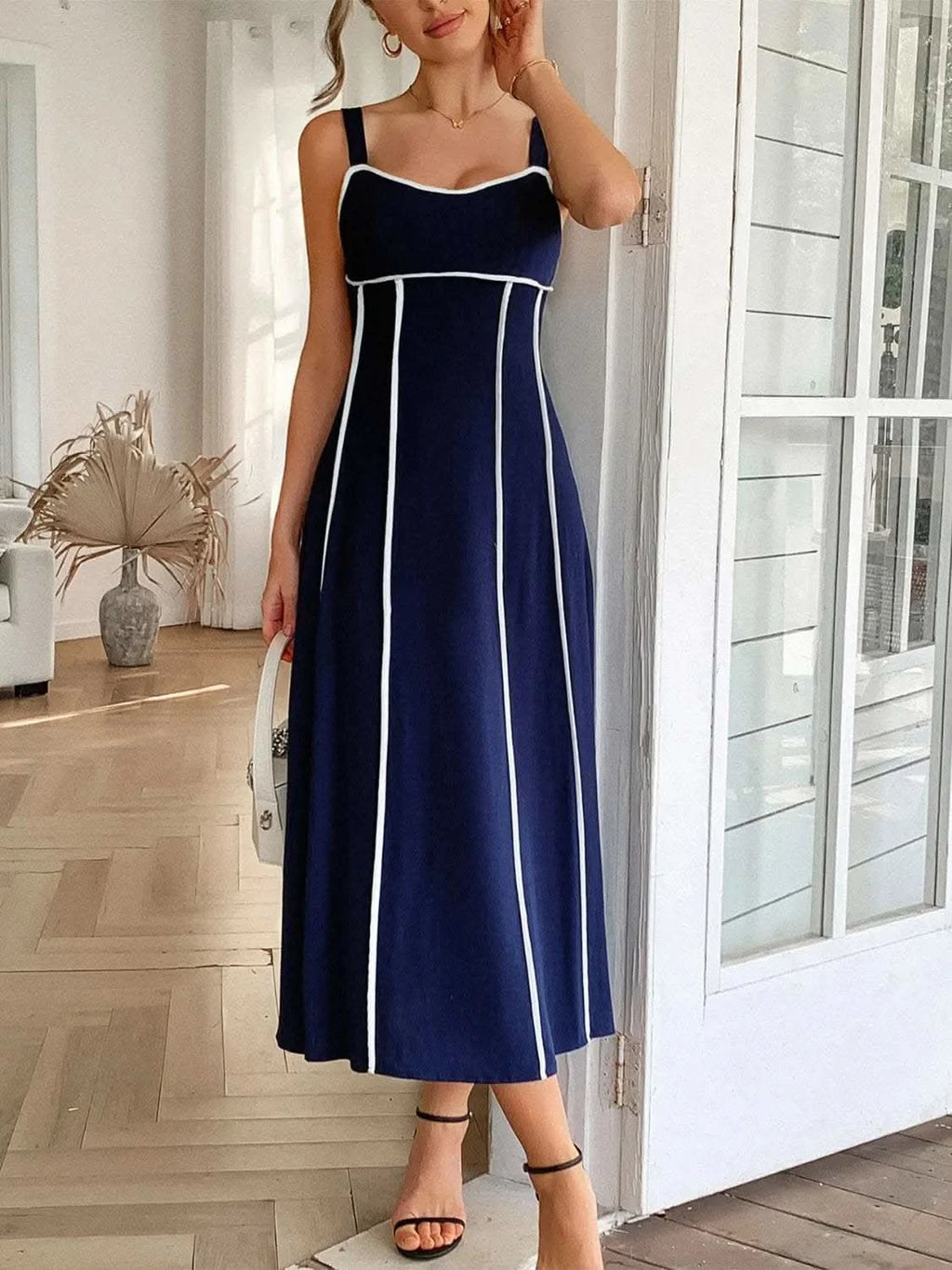 Contrast Wide Strap Midi Cami Dress in Dark Blue - photo