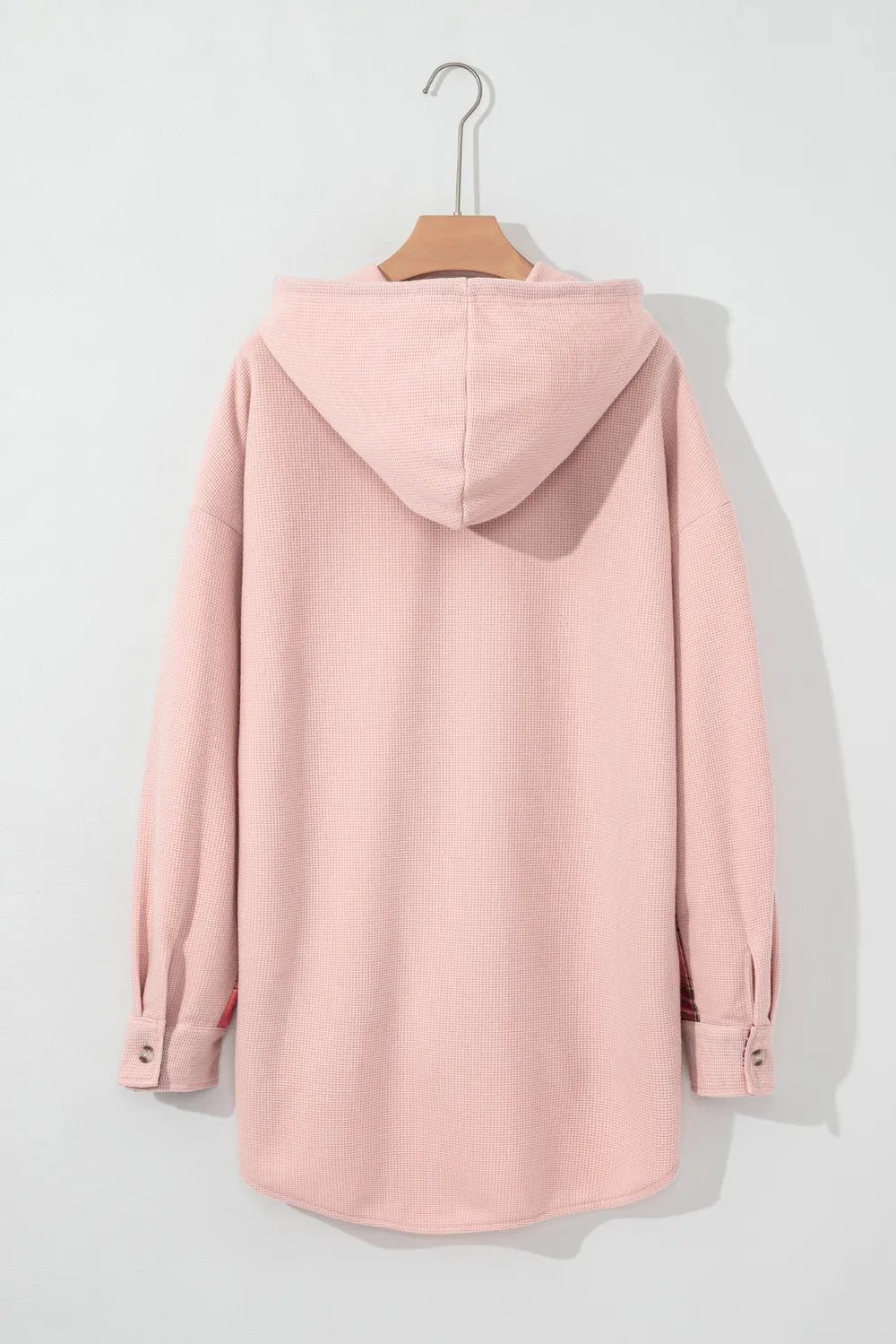 Waffle Knit Plaid Patchwork Drawstring Hooded Shacket in - photo