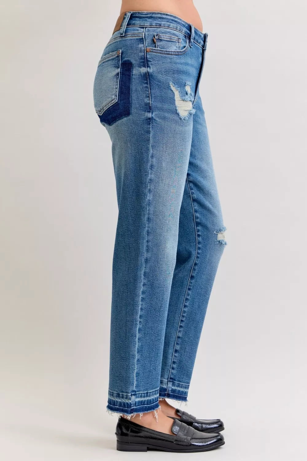 Judy Blue Full Size Mid Rise Bf Patch & Repair Destroy Release Hem Jeans Plus Size in - photo