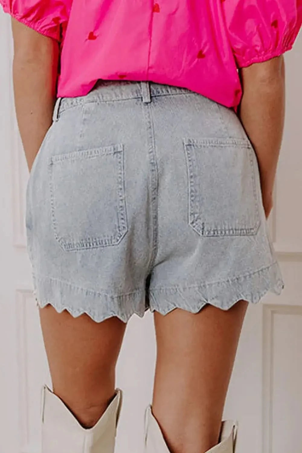Scalloped Hem Denim Shorts in - photo