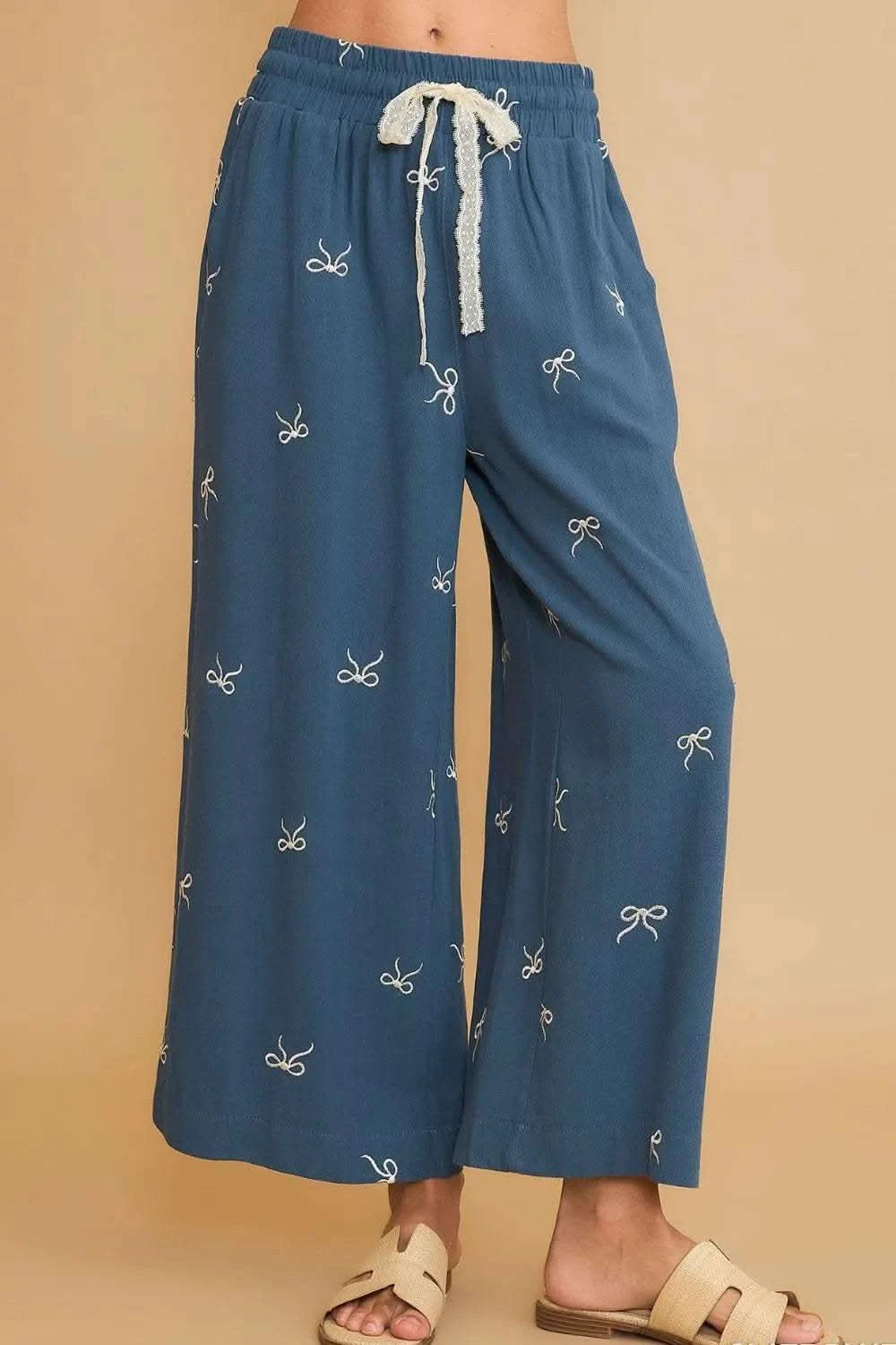 Umgee Full Size Lace Drawstring Embroidered Bow Wide Leg Pants Plus Size in Dusty Blue - photo