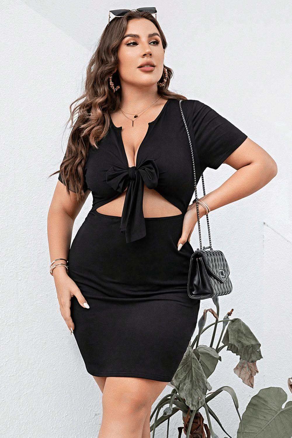Plus Size Cutout Tie Front Short Sleeve Dress in Black - photo