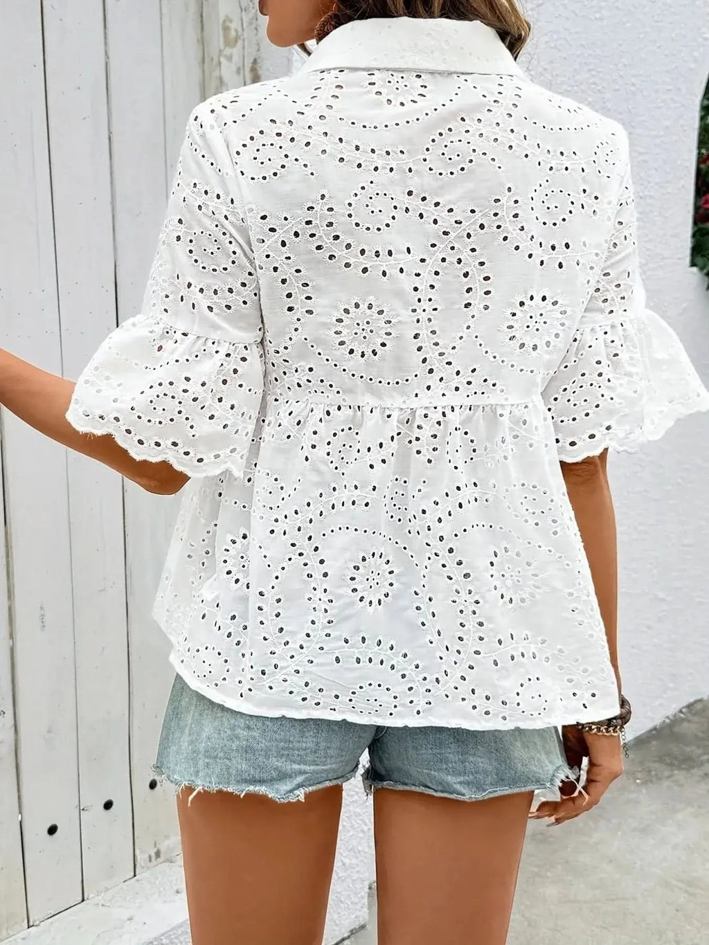 Eyelet Button Down Half Sleeve Shirt in - photo