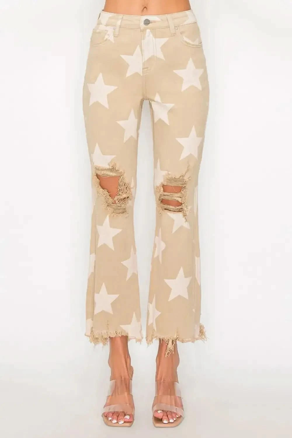 RISEN Full Size High Rise Star Printed Frayed Hem Jeans in - photo