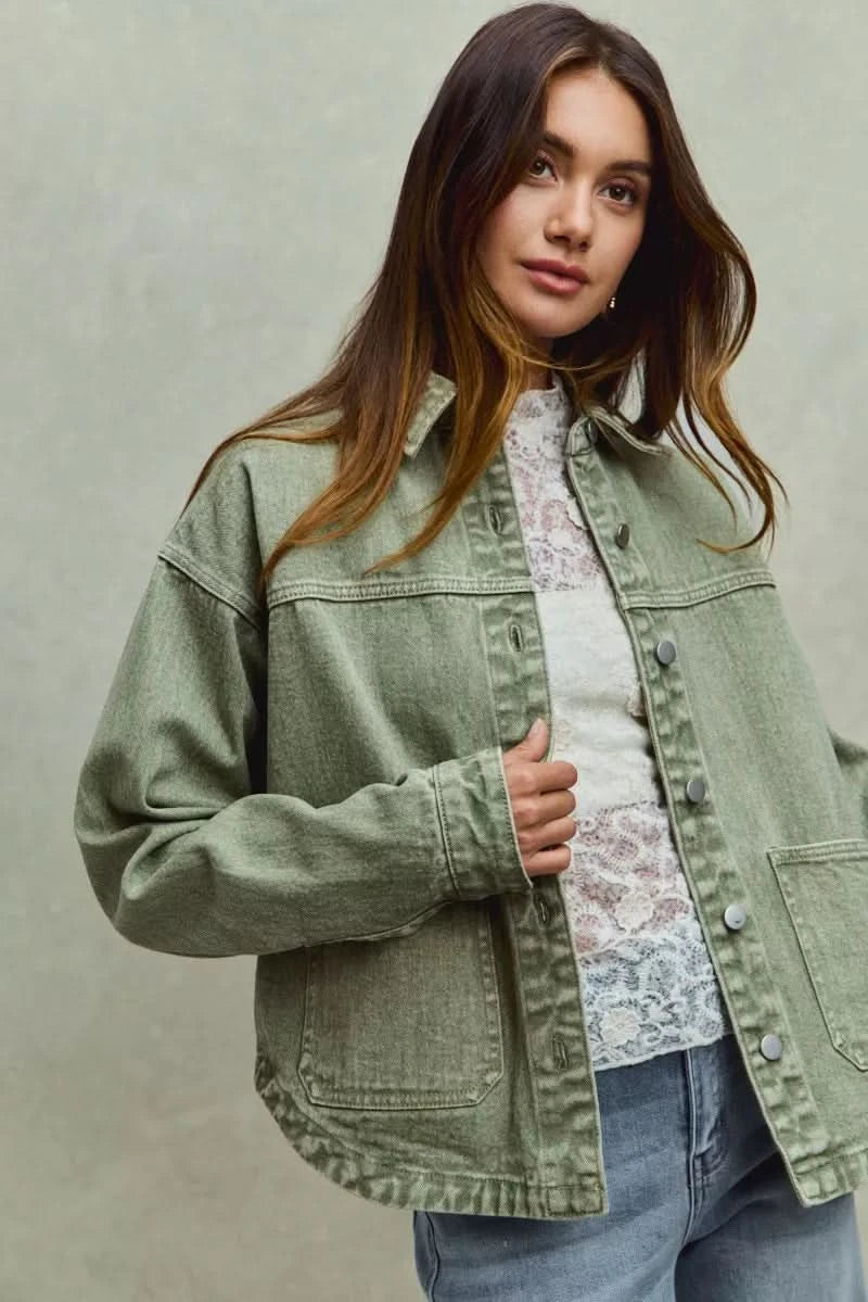 SO ME Vintage Washed Button Twill Shacket in - photo