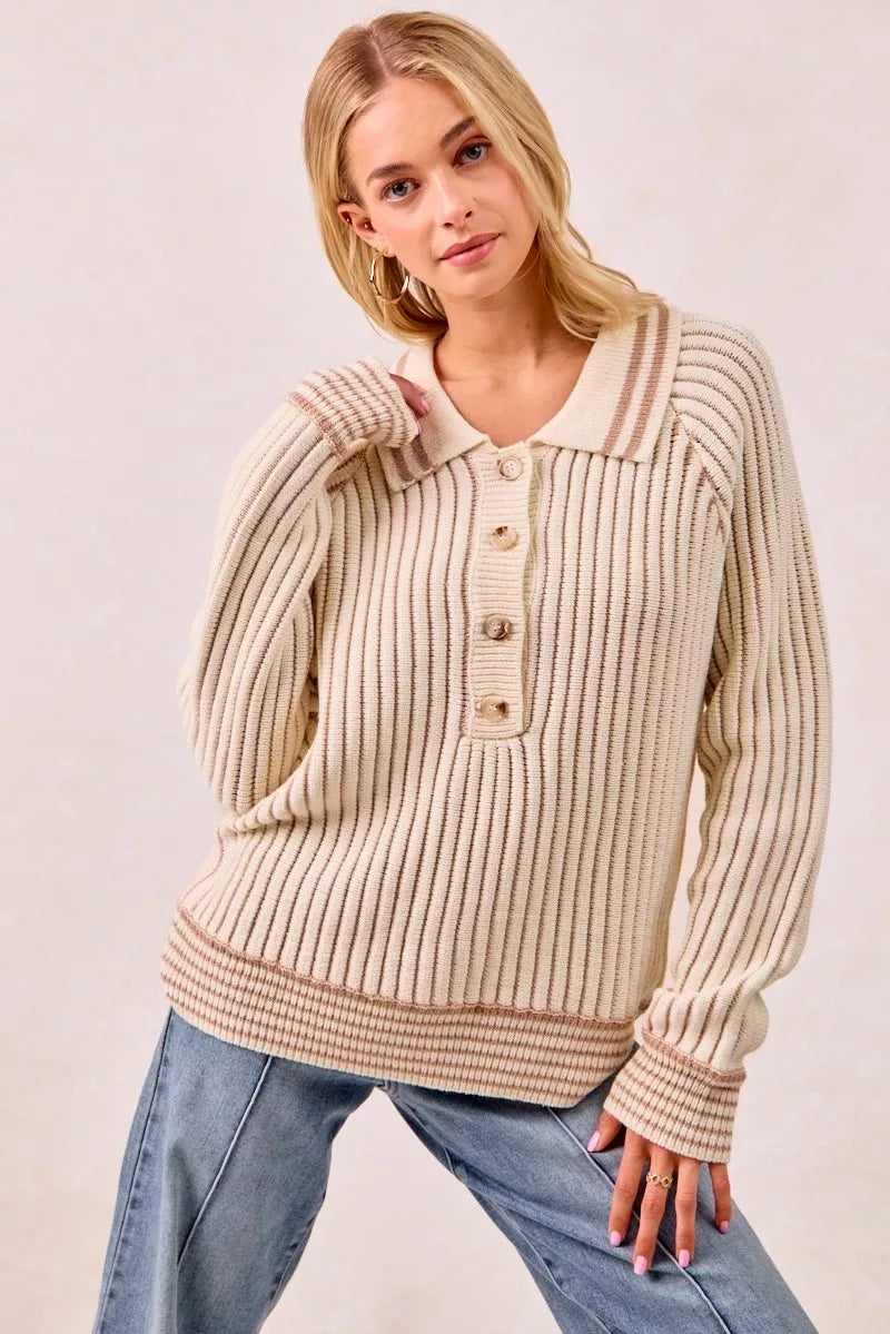 BiBi Half Button Ribbed Two Tone Sweater - SwagglyLife Home & Fashion