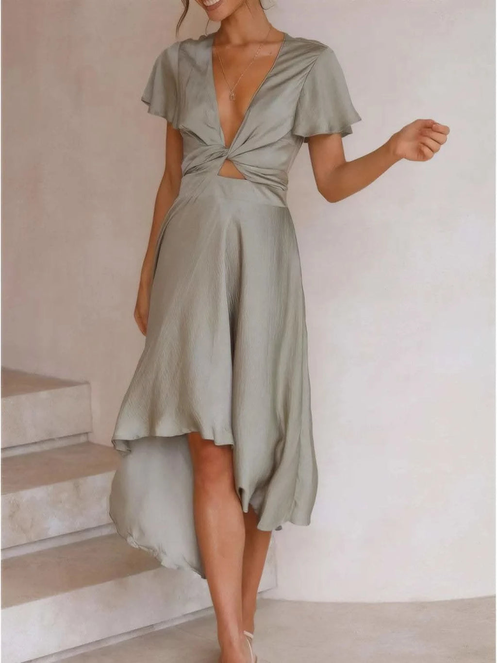 High-Low Plunge Flutter Sleeve Dress - SwagglyLife Home & Fashion