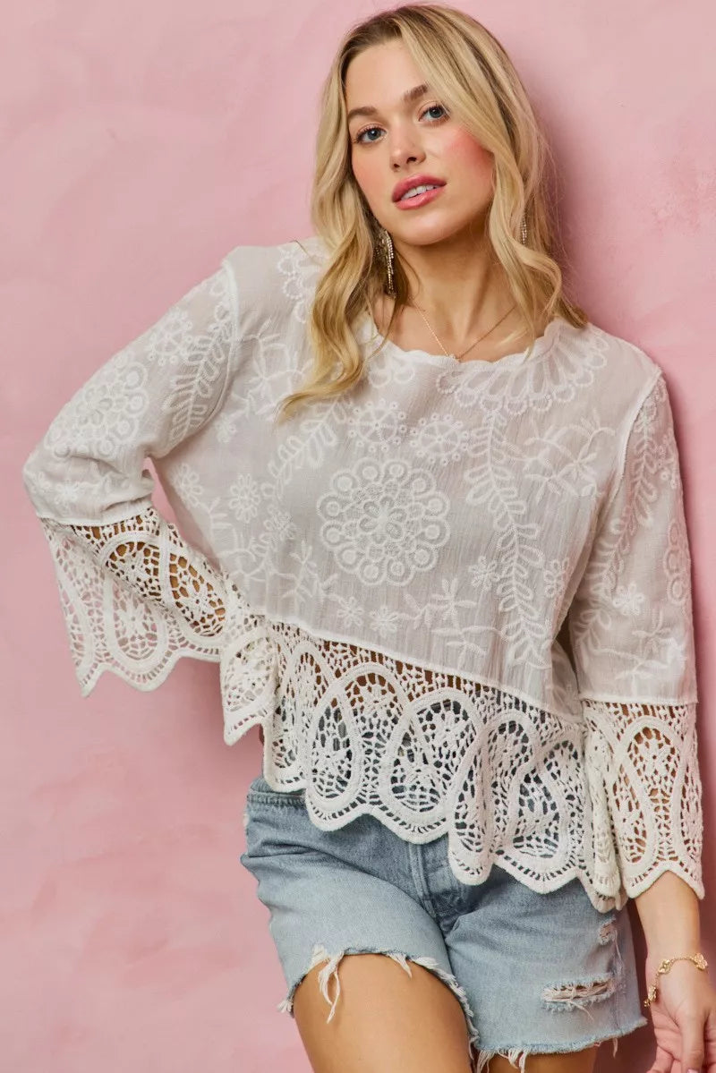 SO ME Floral Embroidered Crochet Lace Trimmed Top in - photo