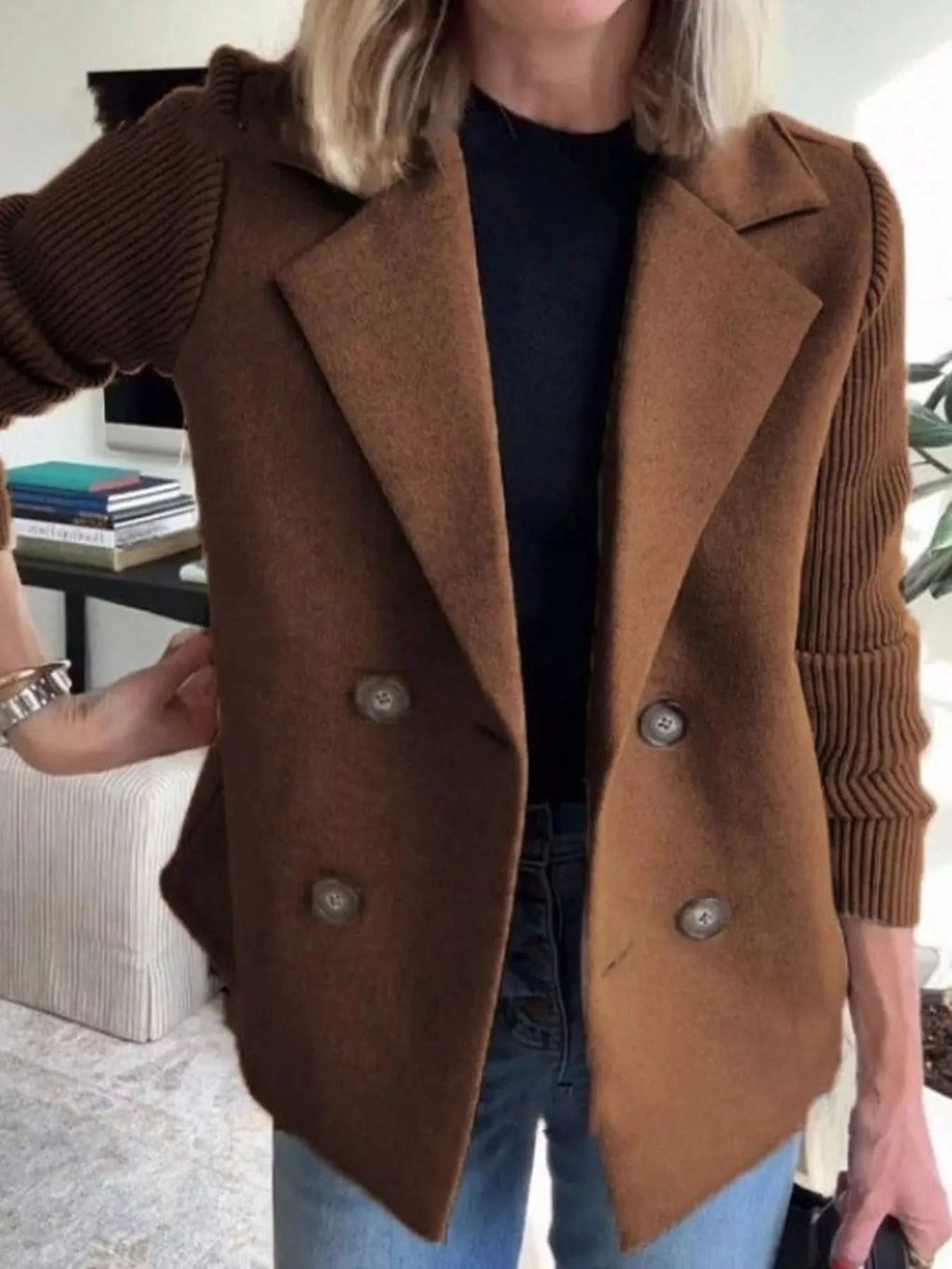 Knit Sleeve Double-Breasted Outerwear in Brown - photo