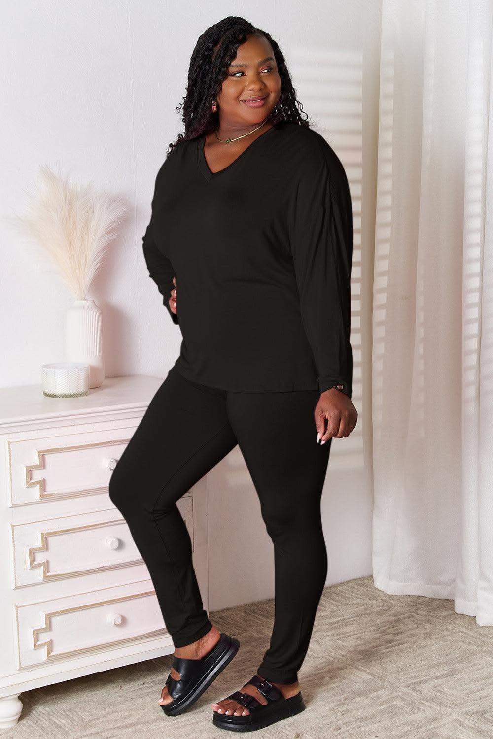 Basic Bae Full Size V-Neck Soft Rayon Long Sleeve Top and Pants Lounge Set in - Loungewear photo