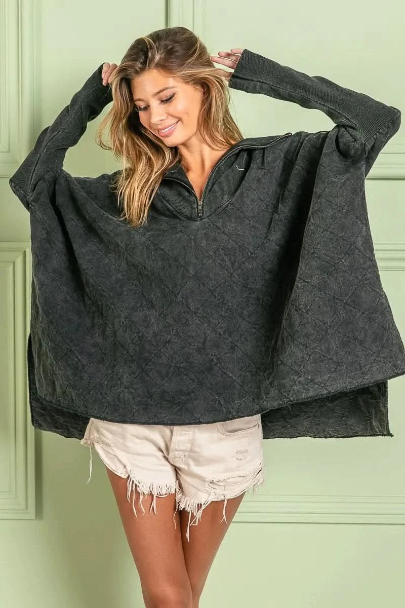 BiBi Vintage Washed Quilted Half Zip Top - SwagglyLife Home & Fashion