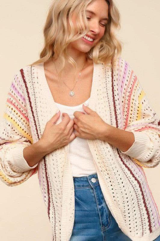Haptics Full Size Striped Crochet Open Front Cardigan in Oatmeal Coral Yellow - photo