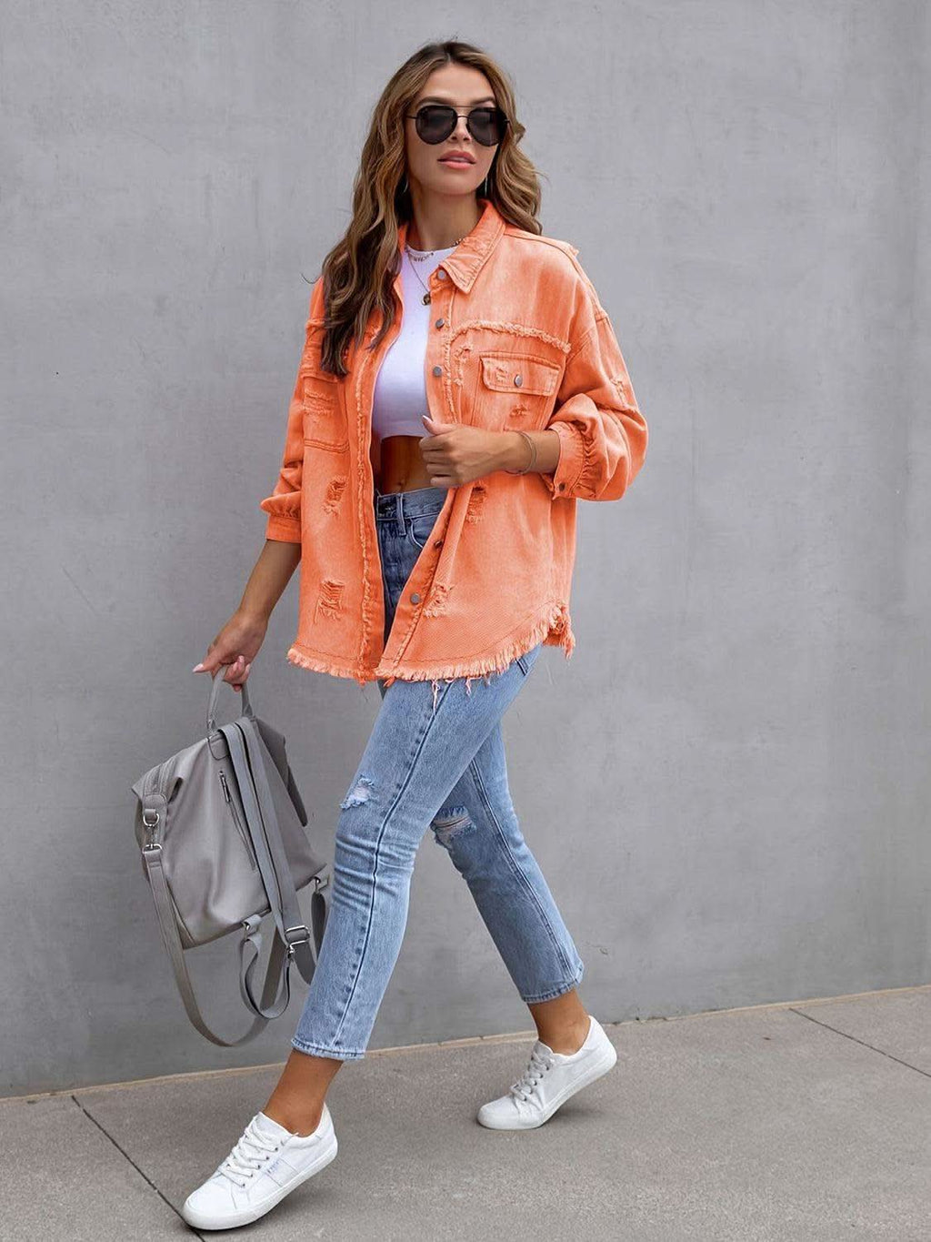 Distressed Drop Shoulder Denim Jacket in Tangerine - Shirts & Tops photo