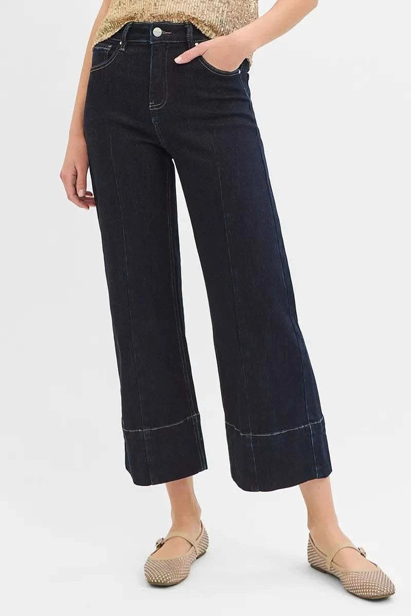RISEN Tummy Control High Rise Crop Wide Seam Detailed Jeans in - photo