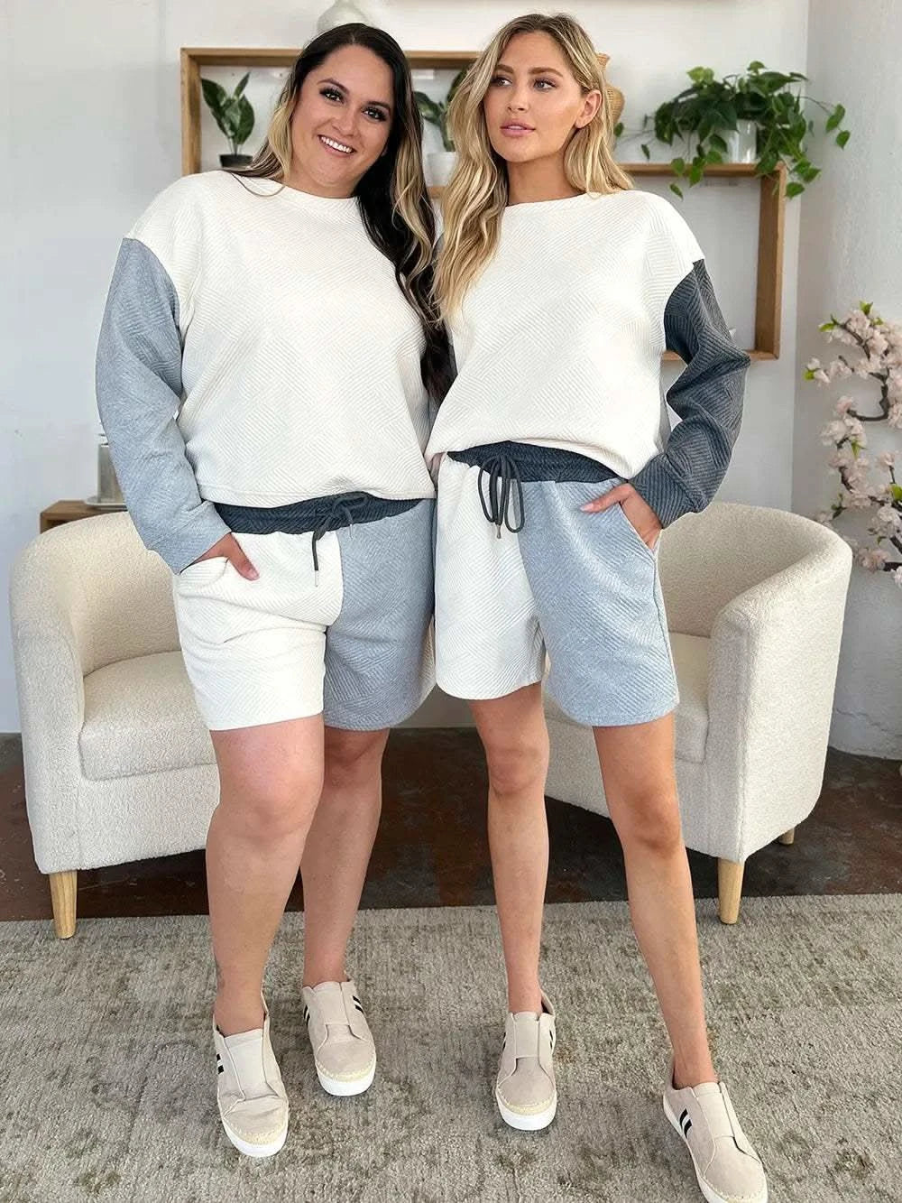 Double Take Full Size Contrast Drop Shoulder Top and Shorts Set in - photo