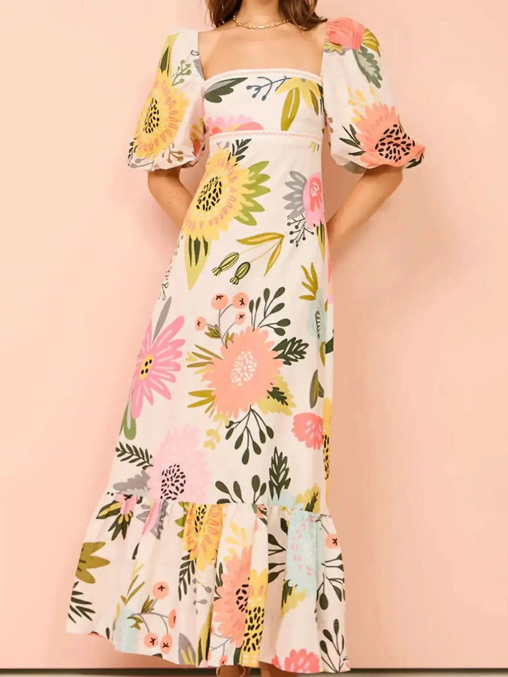 Floral Square Neck Puff Sleeve Maxi Dress with Ruffle Hem in - photo