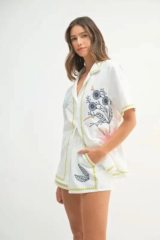 MABLE Embroidered Button Down Shirt and Shorts Set in - photo