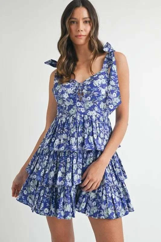 MABLE Floral Print Shoulder Tie Layered Mini Dress in Royal Blue - photo