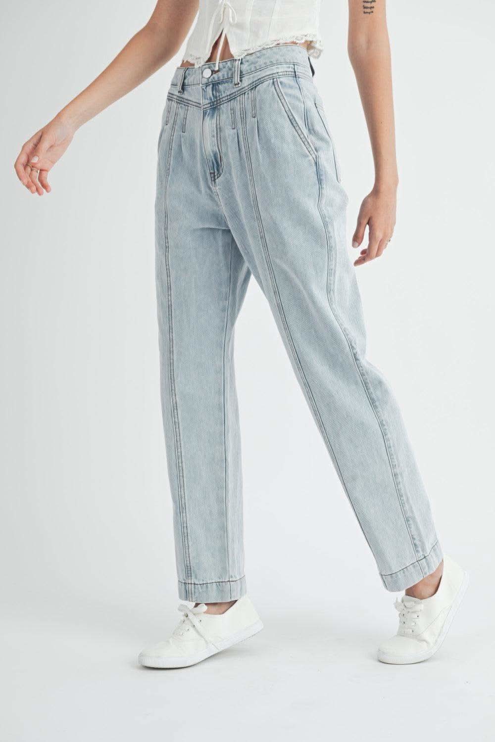 MABLE Pleated Front Detail Straight Jeans - SwagglyLife Home & Fashion