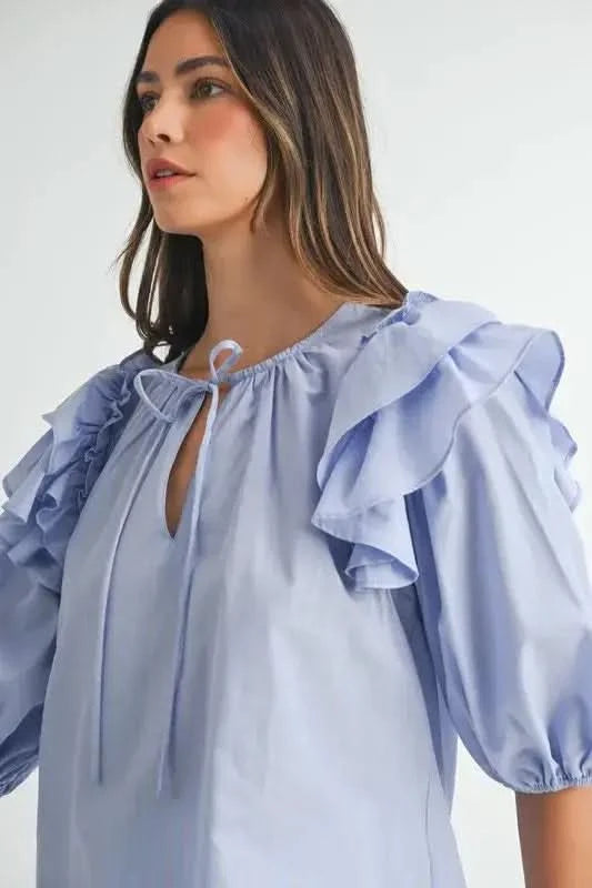 MABLE Stripe Ruffle Shoulder Puff Sleeve Blouse - SwagglyLife Home & Fashion