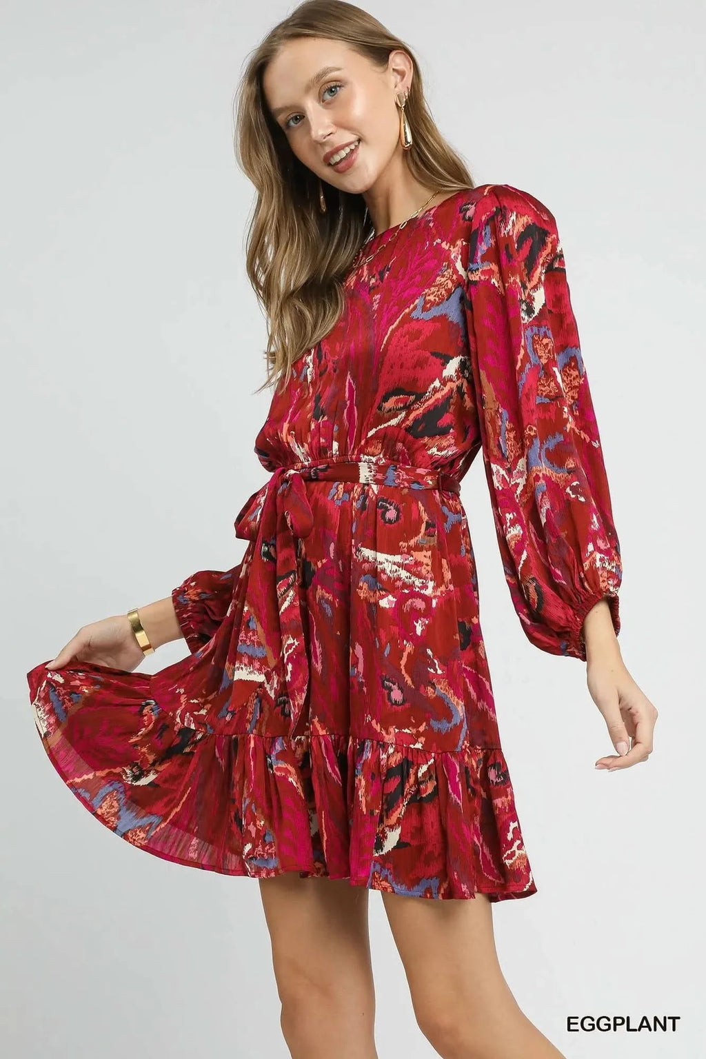 Umgee Ruffled Hem Printed Balloon Sleeve Dress in - photo