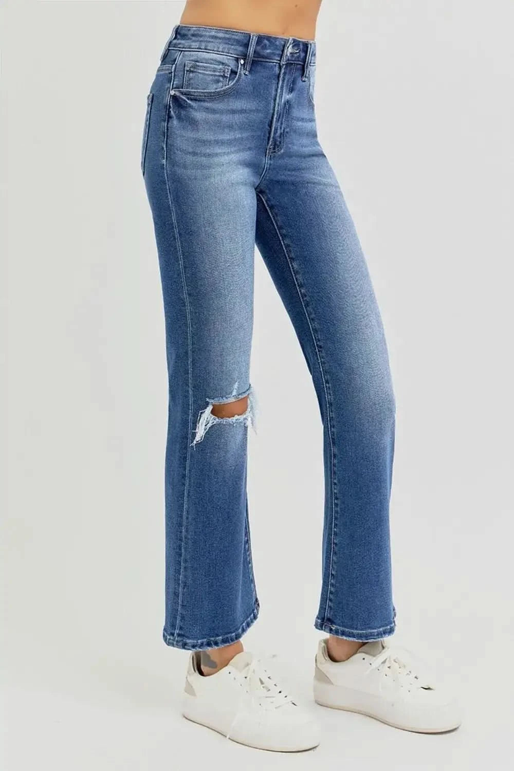RISEN Full Size Distressed High Rise Crop Flare Jeans in - photo