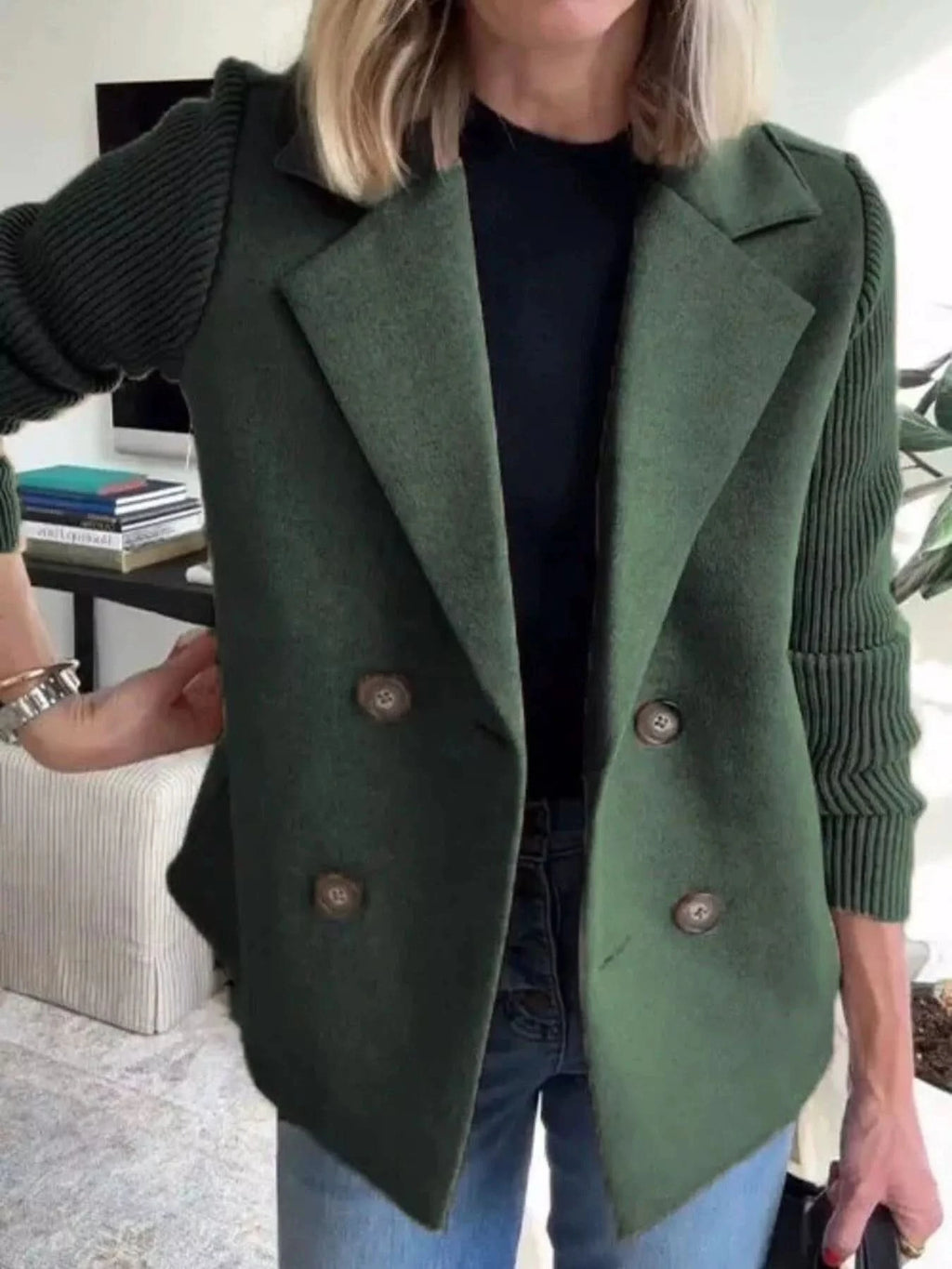 Knit Sleeve Double-Breasted Outerwear in Black Forest - photo