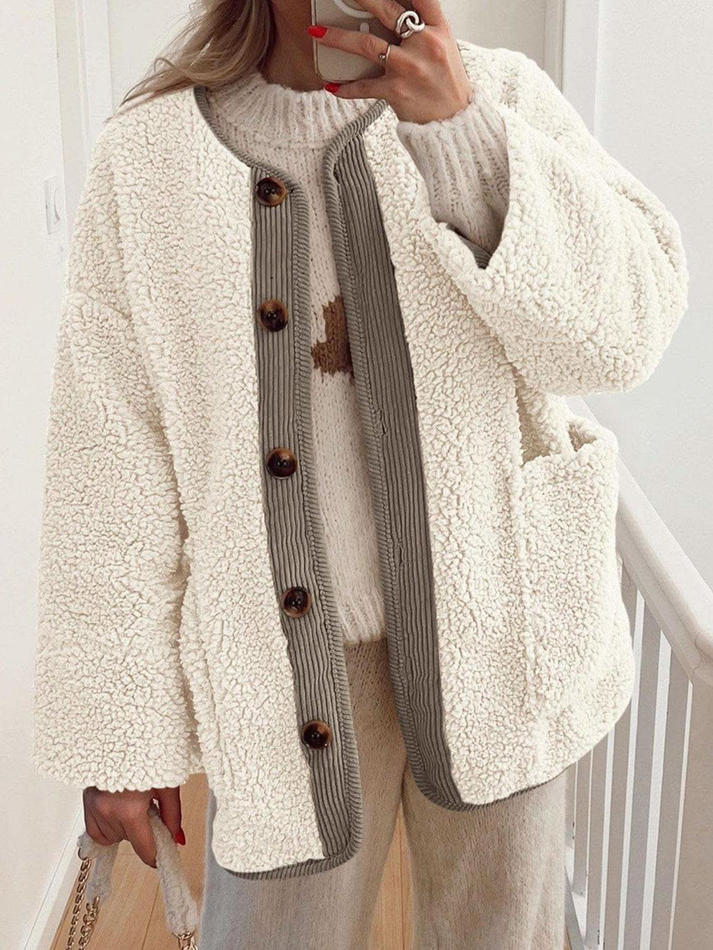 Contrast Button Up Sherpa Jacket with Pockets in Cream - photo