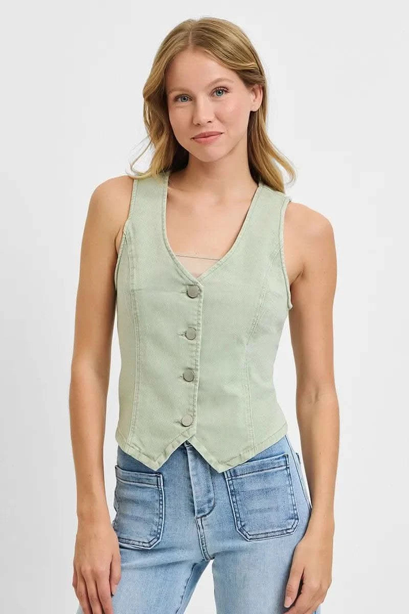 RISEN Full Size V Neck Button Down Vest Plus Size in Pistachio - photo