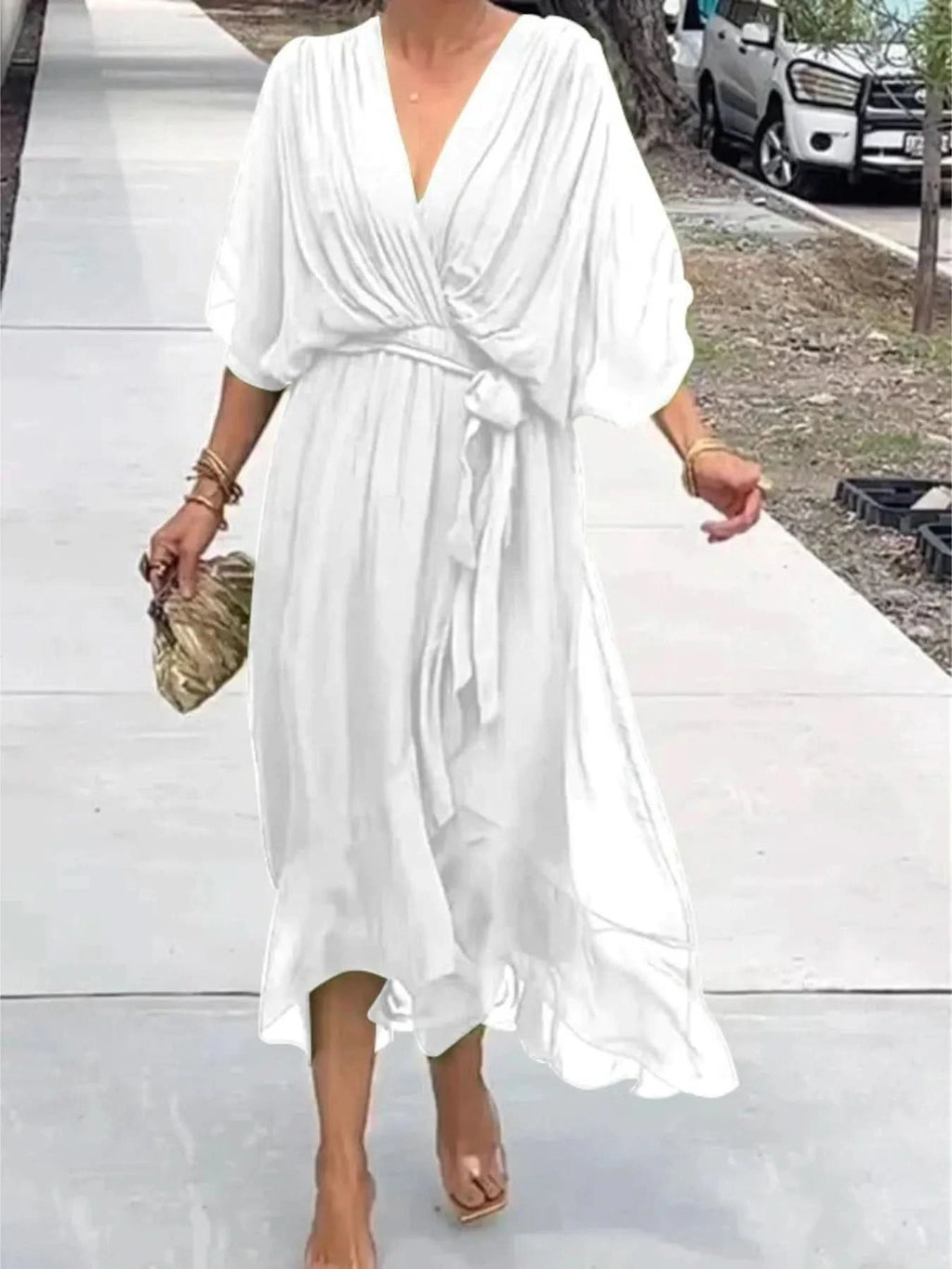 Flowy Tie Front Midi Dress with Flutter Sleeves in White - photo
