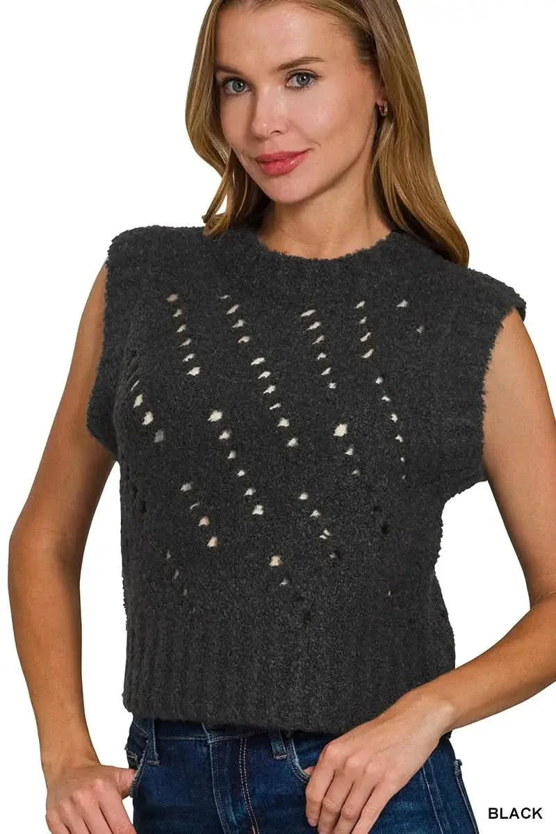 Zenana Openwork Textured Wool Sweater Vest in BLACK - photo