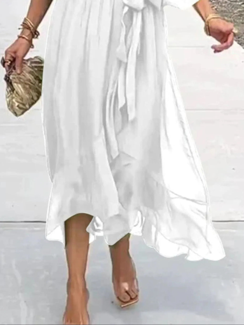 Flowy Tie Front Midi Dress with Flutter Sleeves in - photo