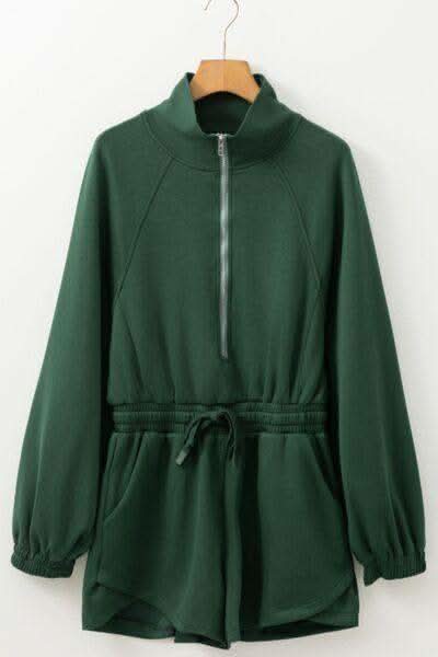 Drawstring Half Zip Long Sleeve Romper - SwagglyLife Home & Fashion Drawstring Half Zip Long Sleeve Romper - SwagglyLife Home & Fashion