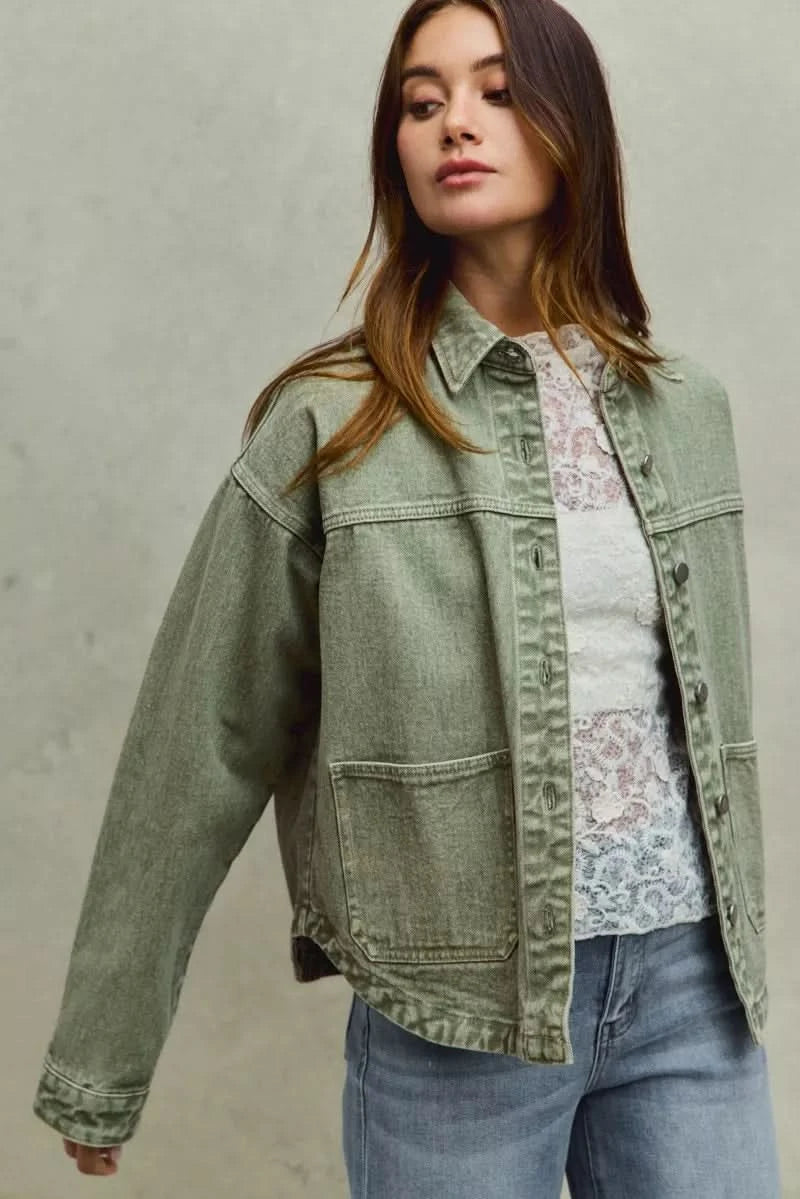 SO ME Vintage Washed Button Twill Shacket in - photo
