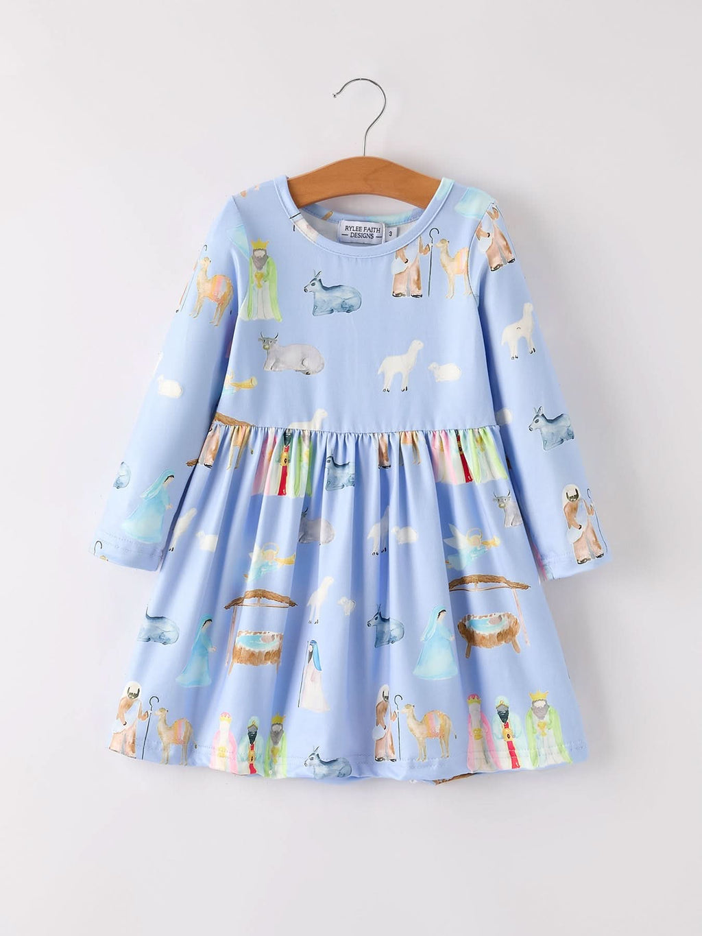 Winter Christmas Nativity Print Girls Long Sleeve Dress -
