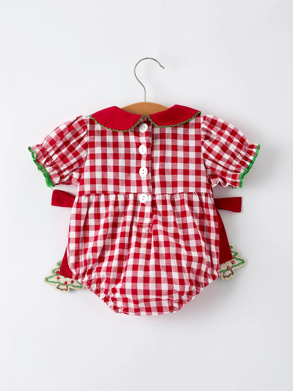 Baby Girls Christmas Outfit – Red Plaid Romper with Tree Bow Accents -