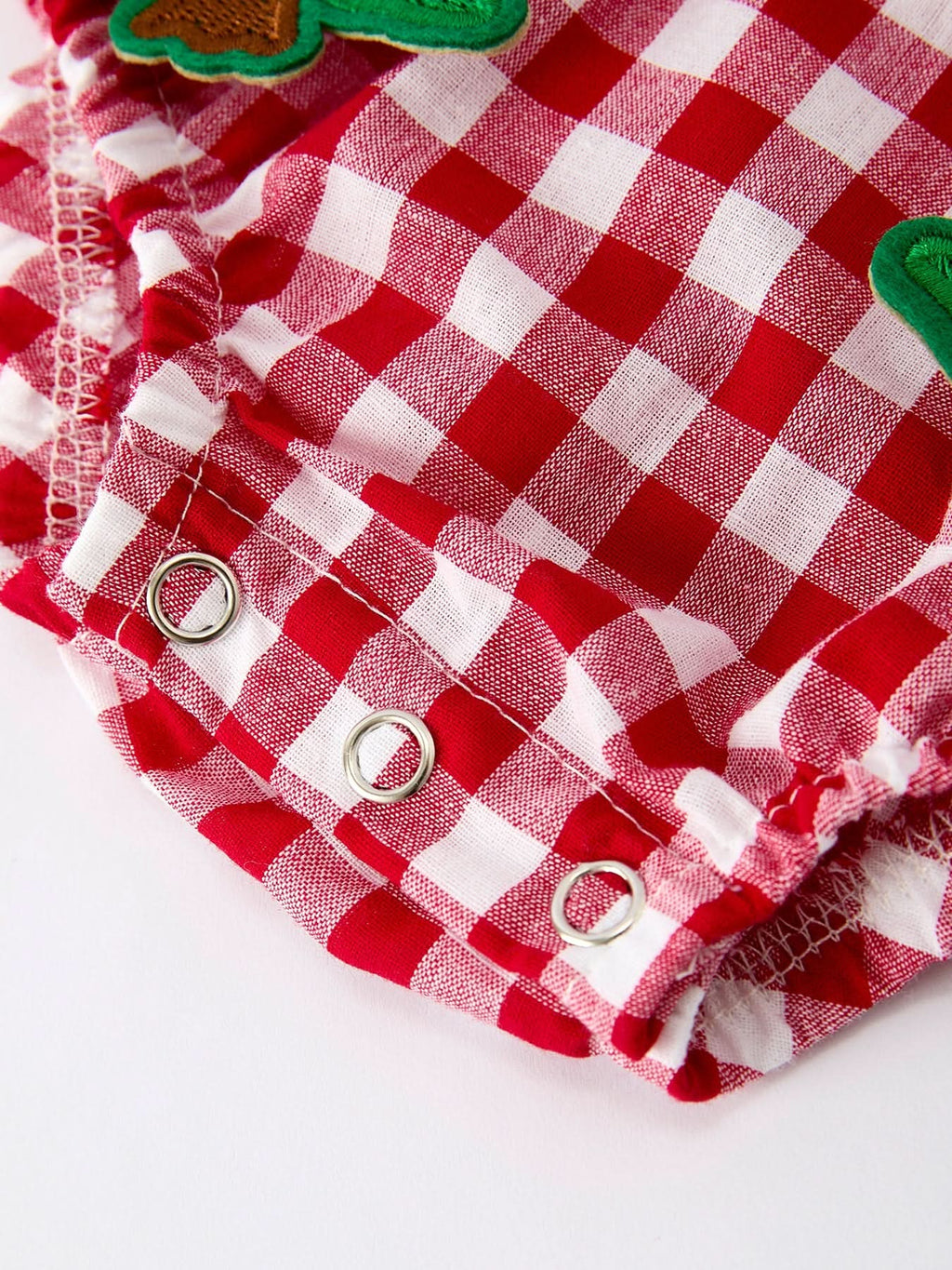 Baby Girls Christmas Outfit – Red Plaid Romper with Tree Bow Accents -