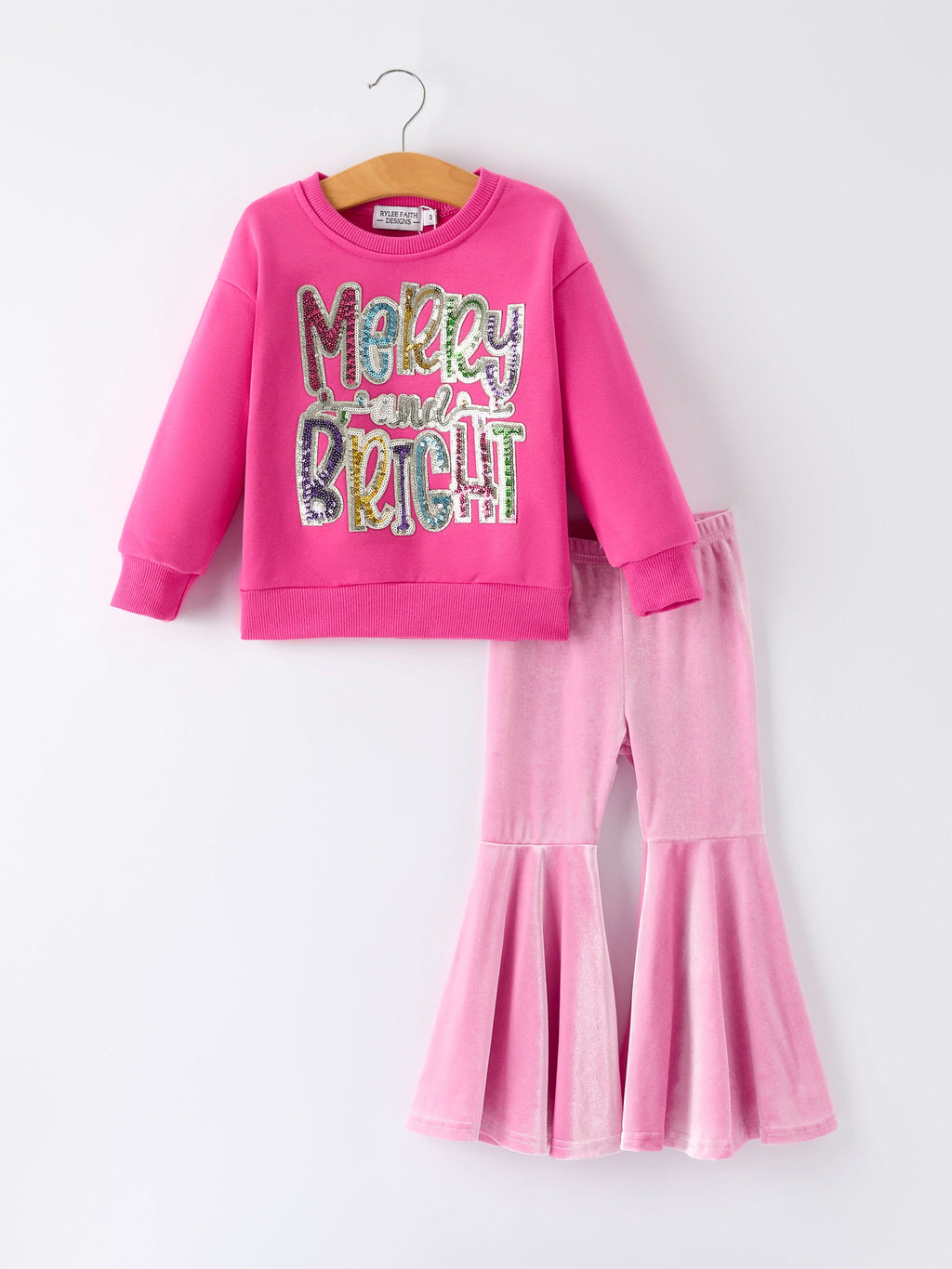 Toddler Girls Christmas Outfit – Pink Merry Bright Top and Bell Pants -