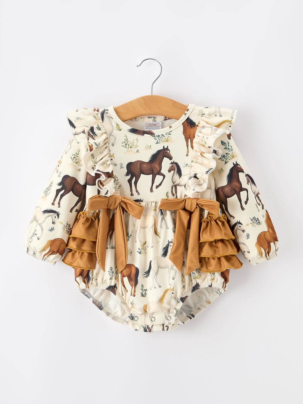 Western Horse Girls Romper Bow Ruffle Long Sleeve -